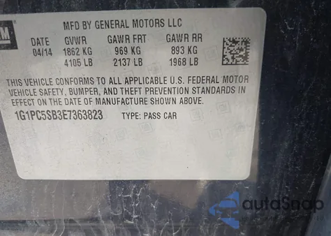 2014 Chevrolet Cruze 1Lt Auto from USA, damaged, VIN 1G1PC5SB3E7363823